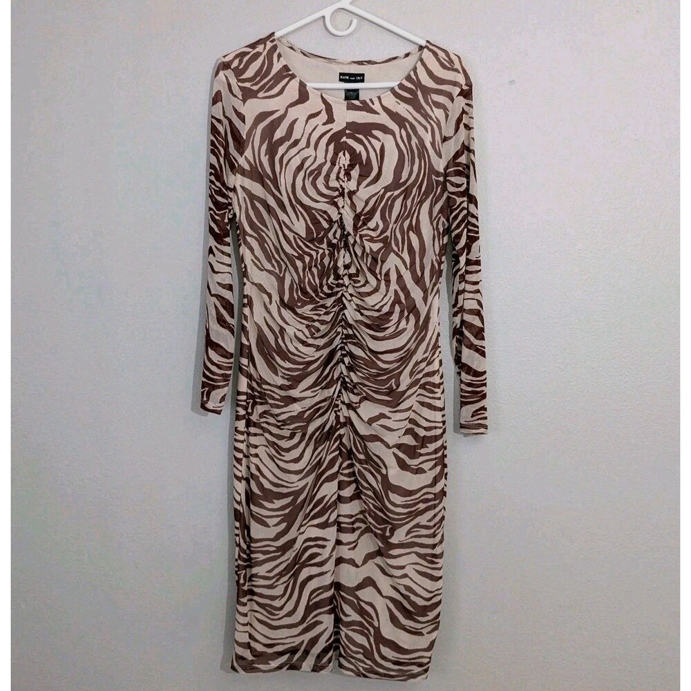 Women's Dress Size 12 Long Sleeve Brown Mesh Zebra Print Pullover